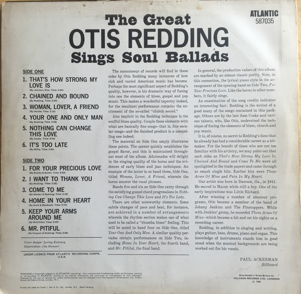 The Great Otis Redding Sings Soul Ballads (Mono) - Vinyl LP
