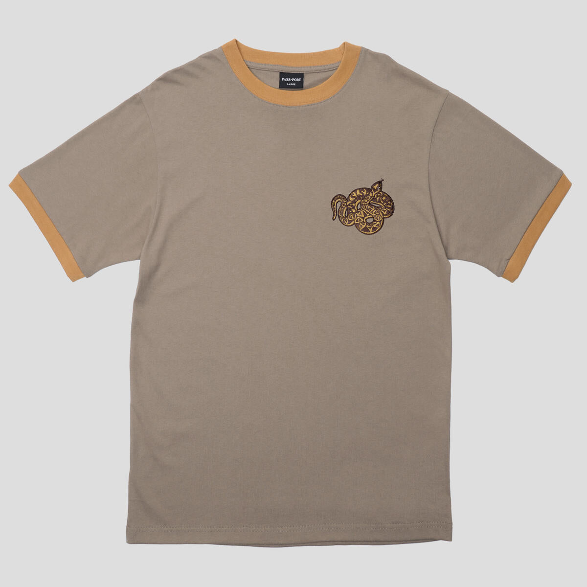 Embroidered Coiled Ringer Tee - Khaki/Brass