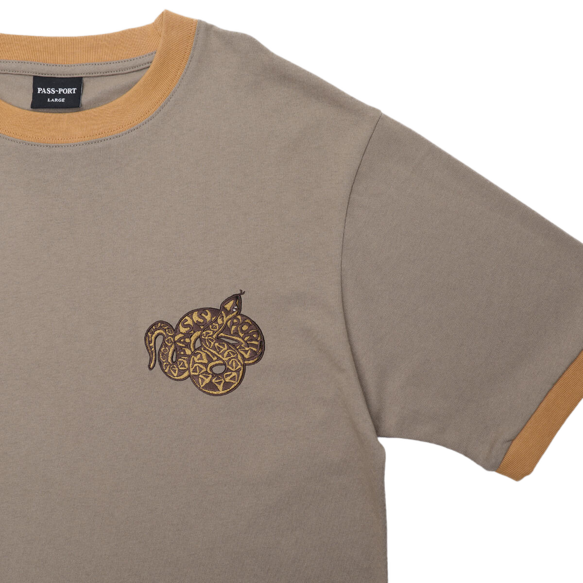 Embroidered Coiled Ringer Tee - Khaki/Brass