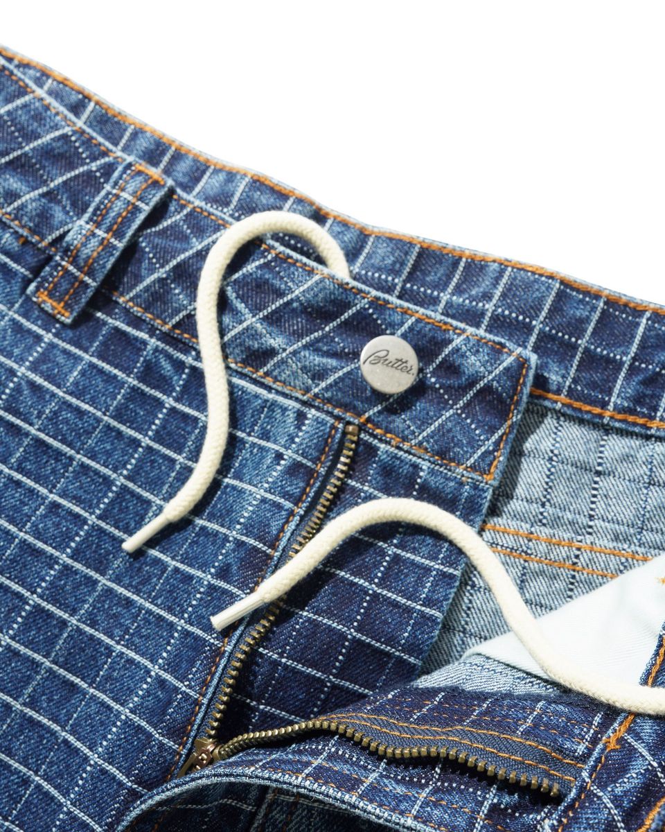 Big Grid Denim Shorts - Blue