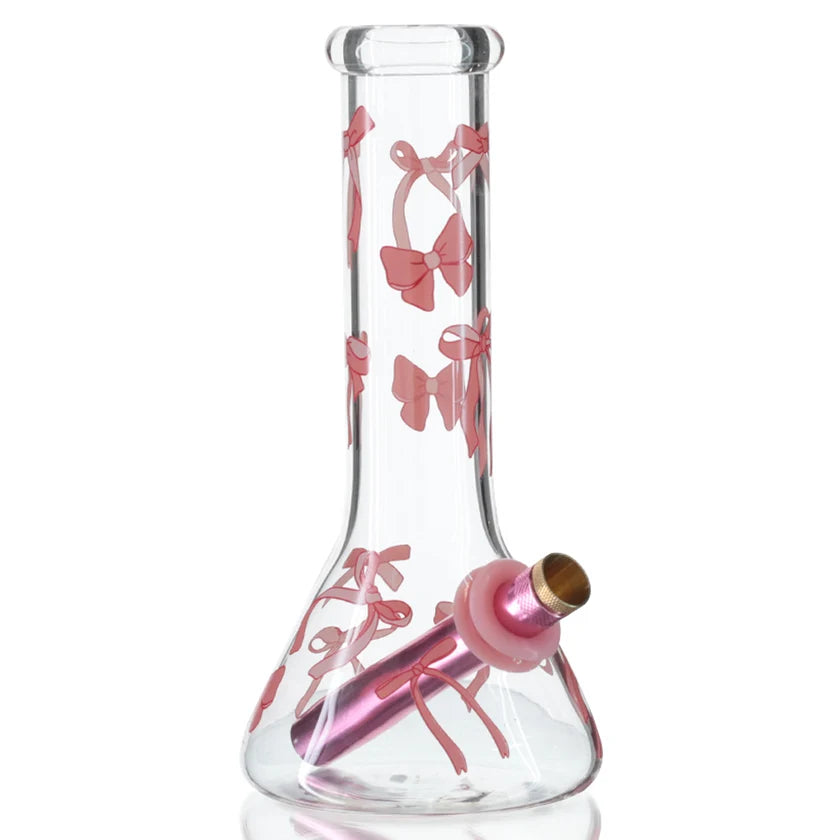 BW - Mini Beaker Glass Bong 20cm Ribbons & Bows - Clear/Pink