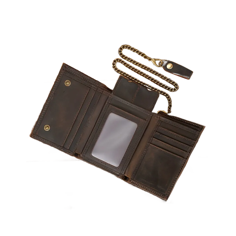 Brown Leather Short Wallet + Chain